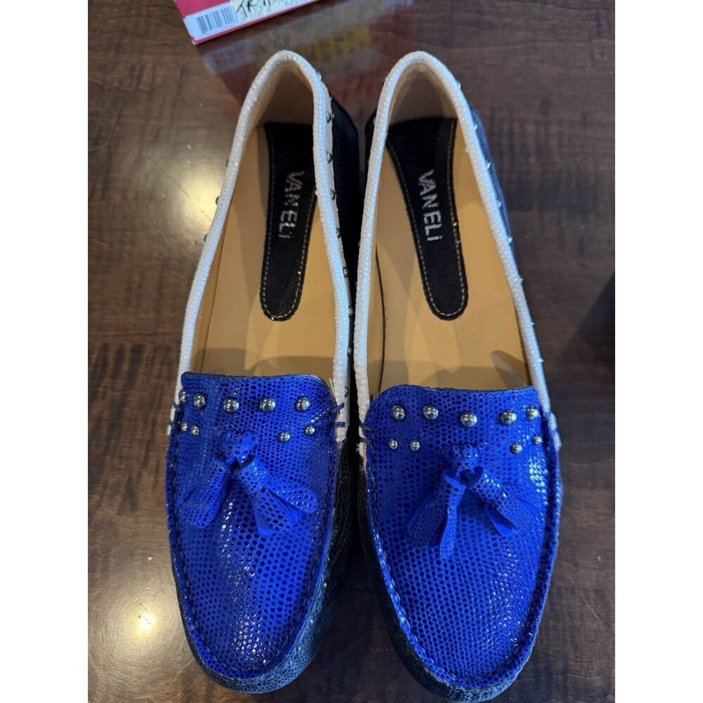 Vaneli Women’s 9.5 D Navy Blue White Studded Tassel Leather Loafers NWOB